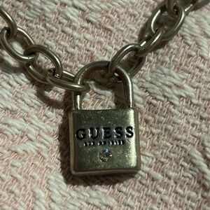 GUESS Silver-Tone Padlock Necklace with Crystal Accent